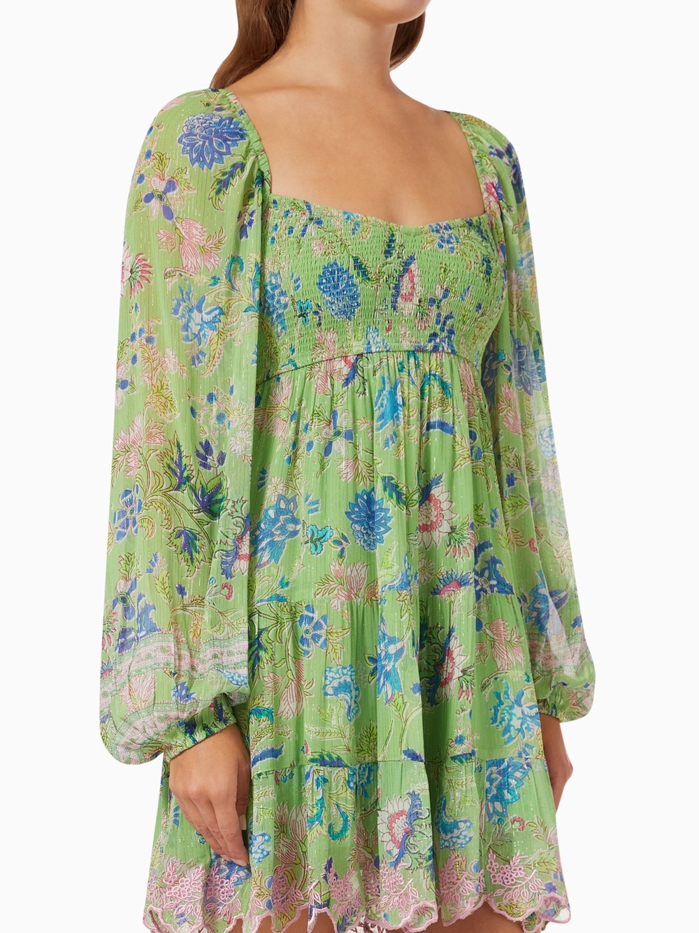 HEMANT AND NANDITA Green Floral Smocked Babydoll Dress